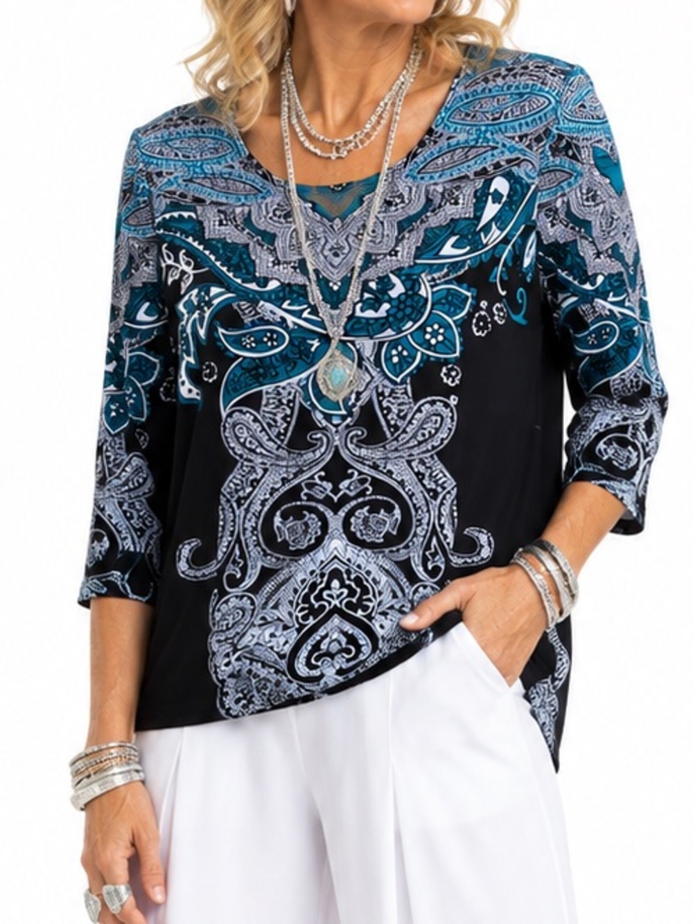 SUSAN GRAVER BLACK TUNIC TOP WITH TEAL & WHITE PAISLEY PRINT SZ 1X EUC